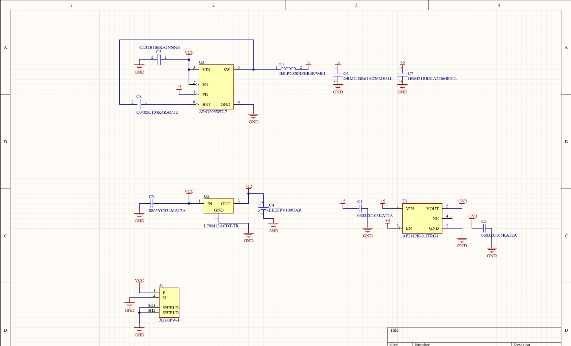 Power distribution board schematic: 12V, 5V, and 3.3V regulator stages